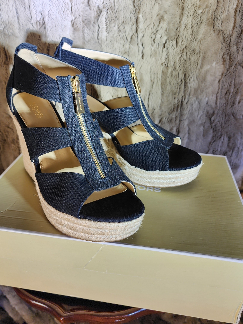 Michael Kors Black Denim Espadrille Wedge Sandals w/Gold Zipper SZ 10 Never Worn